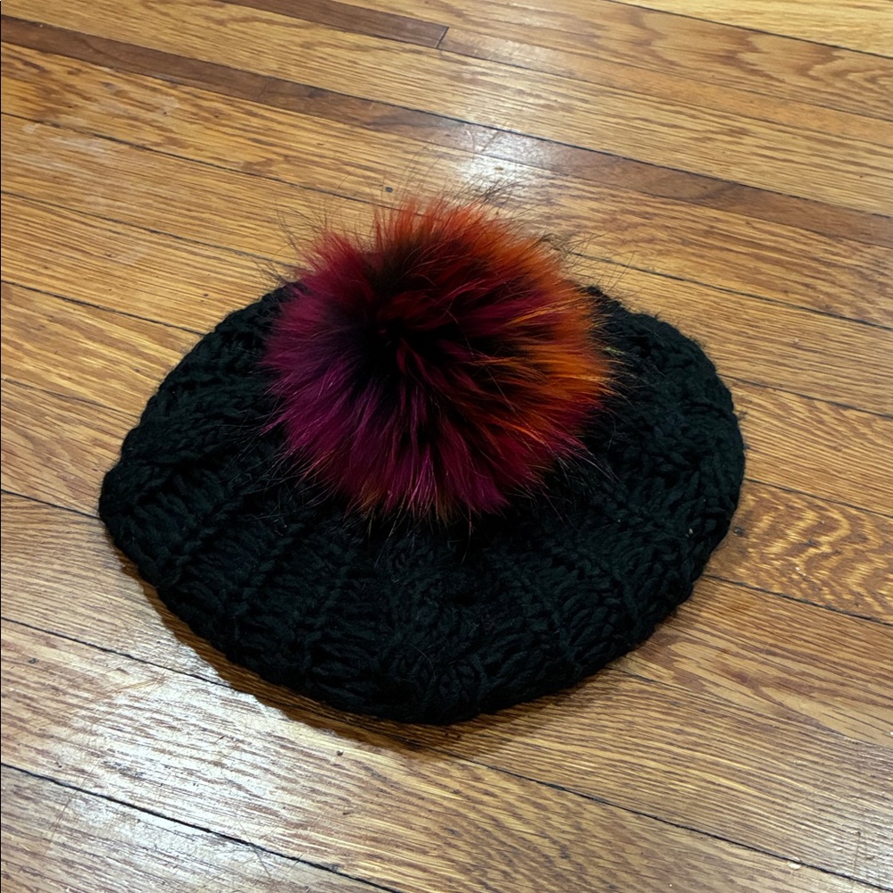 Stylish Black Knit Beanie with Multicolor Pom-Pom
